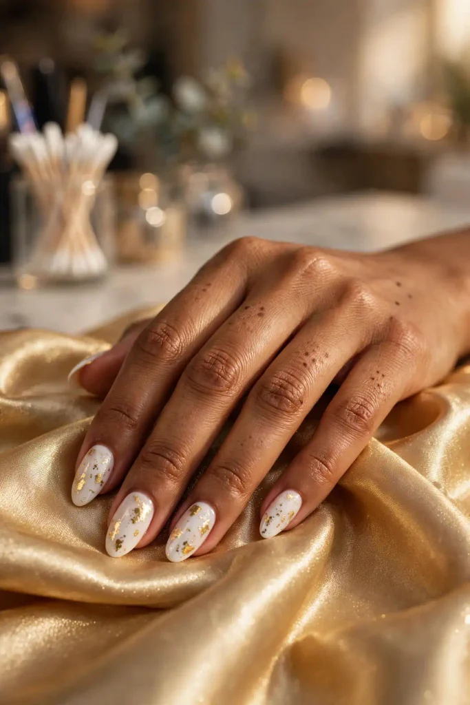 17 White Nail Designs (Clean, Chic & Impossibly Fresh) 9 w08 white gold foil