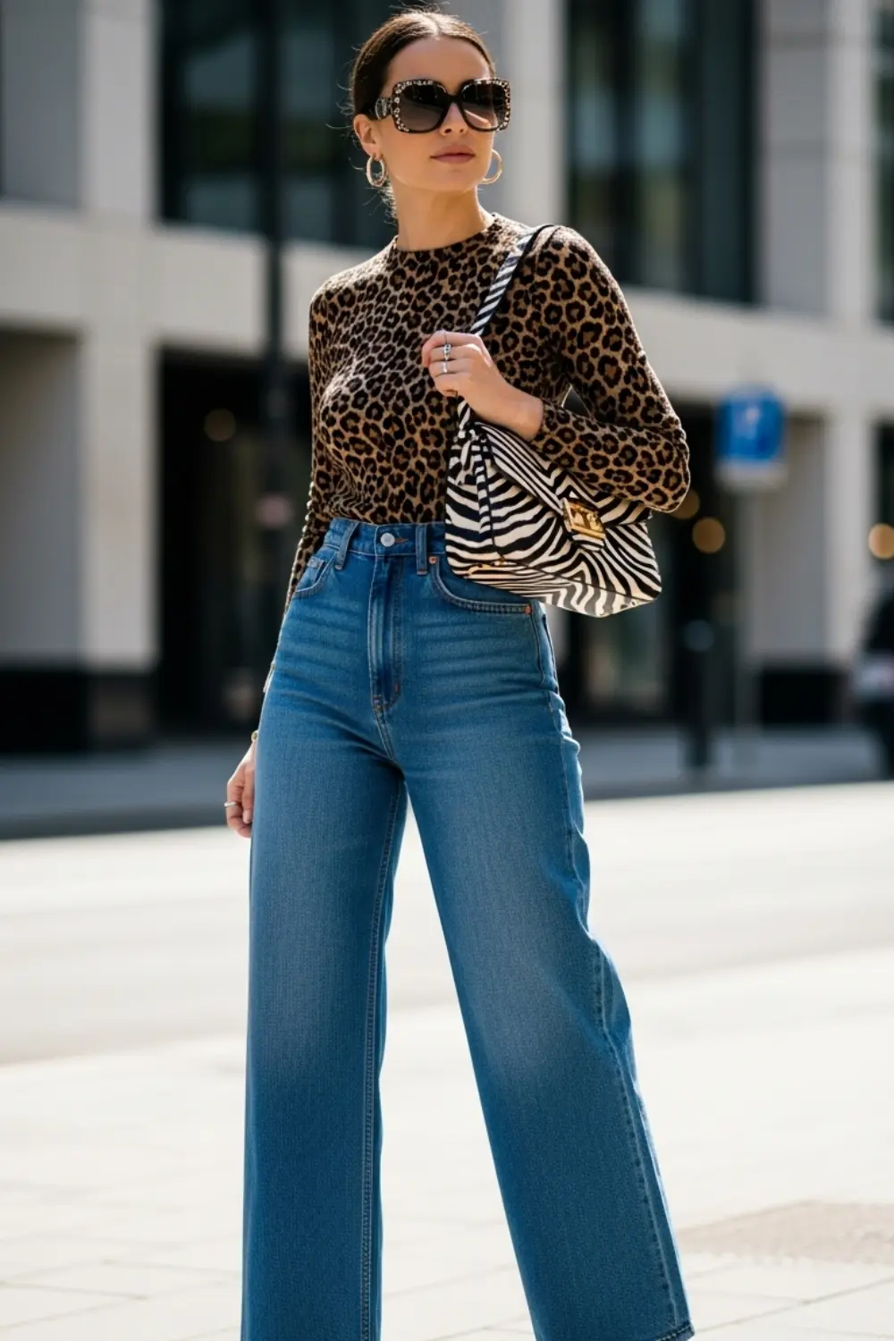 21 Wide Leg Jeans Outfits Ideas to Try This Year (2025) 13 Animal Print Accent + Wide Leg Jeans