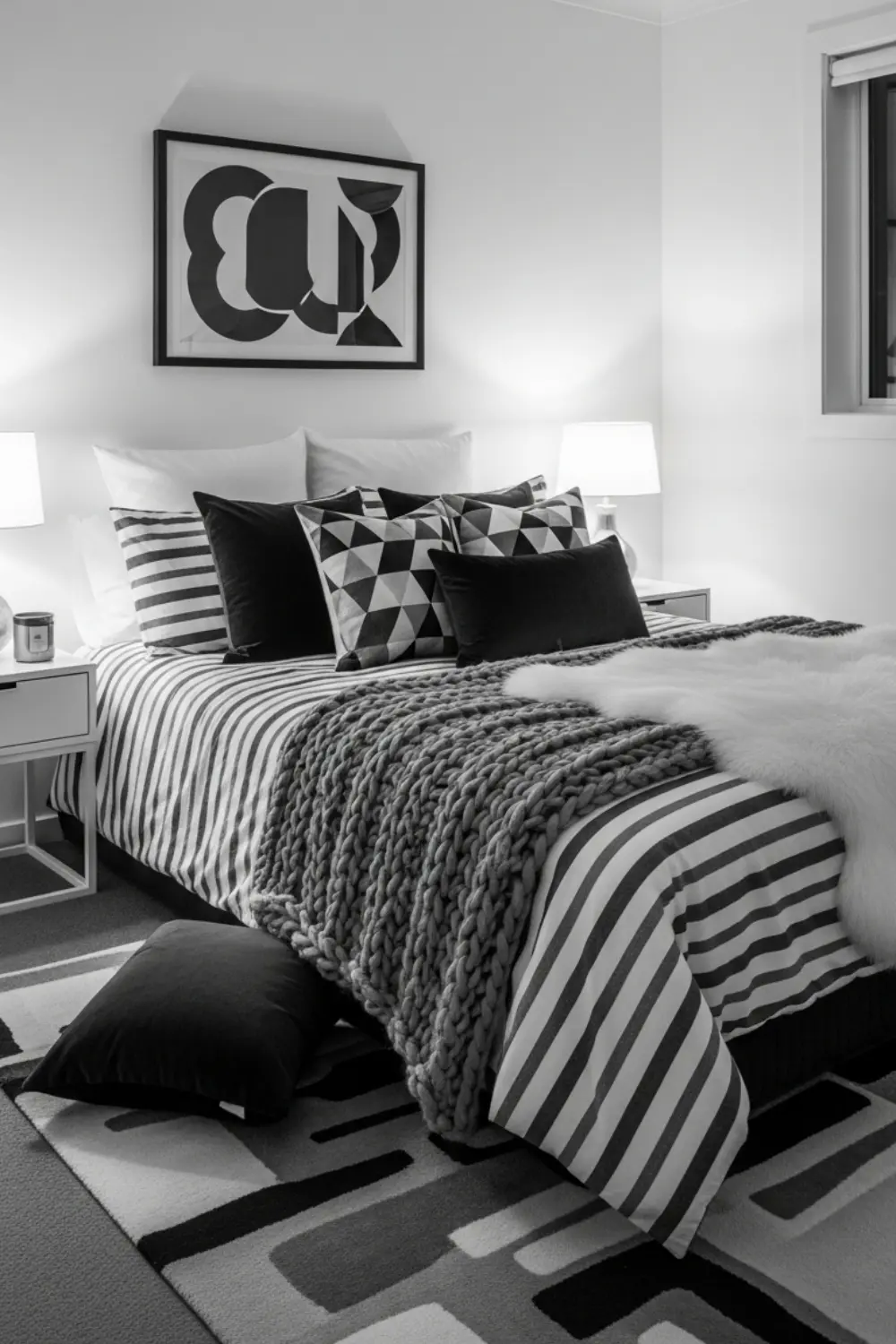 19 Modern Black and White Bedroom Ideas You’ll Love in 2025 4 Balancing Patterns and Textures