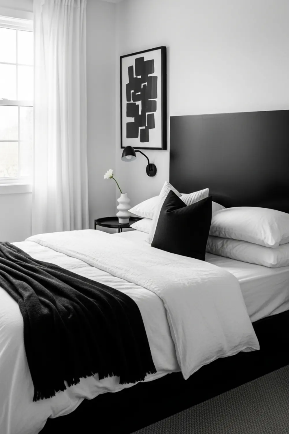 19 Modern Black and White Bedroom Ideas You’ll Love in 2025 10 Black Headboard with White Surroundings