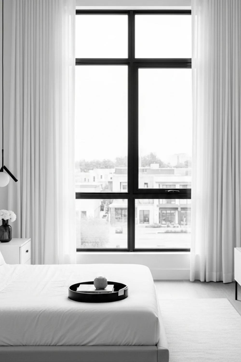 19 Modern Black and White Bedroom Ideas You’ll Love in 2025 14 Black Window Frames and White Curtains