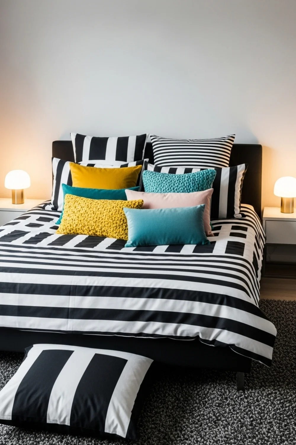 19 Modern Black and White Bedroom Ideas You’ll Love in 2025 18 Black and White Bedding with Colorful Throw Pillows