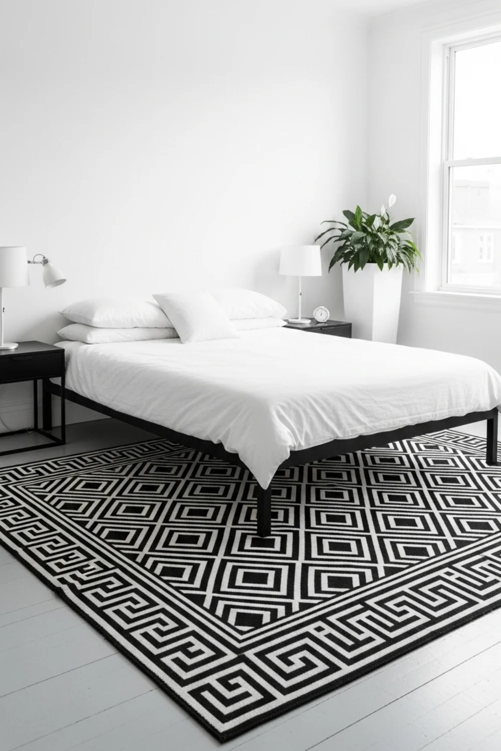 19 Modern Black and White Bedroom Ideas You’ll Love in 2025 12 Black and White Rug for Visual Depth