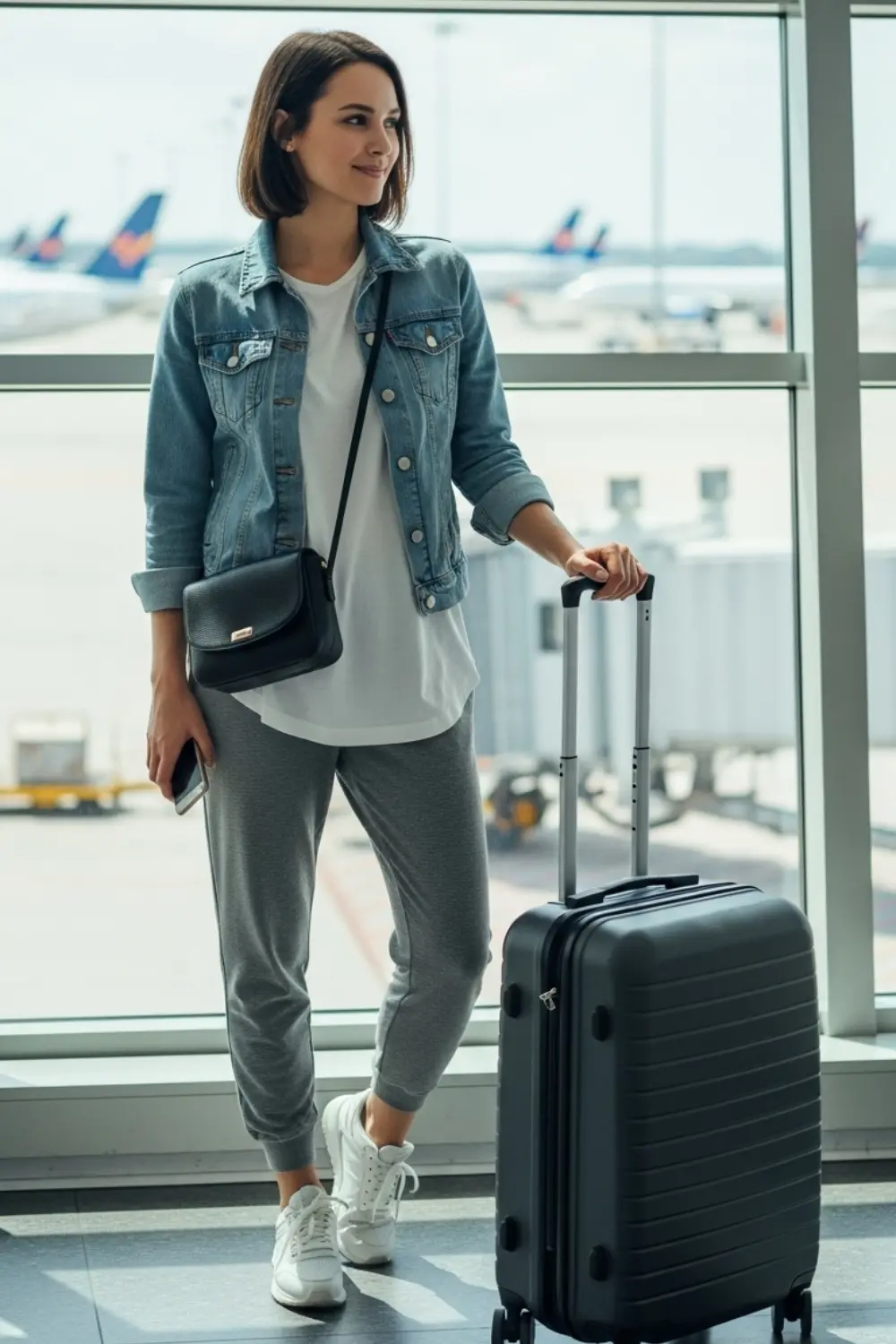 15 Comfy and Cute Airport Outfit Ideas for Your Next Trip 12 Denim Jacket with Joggers