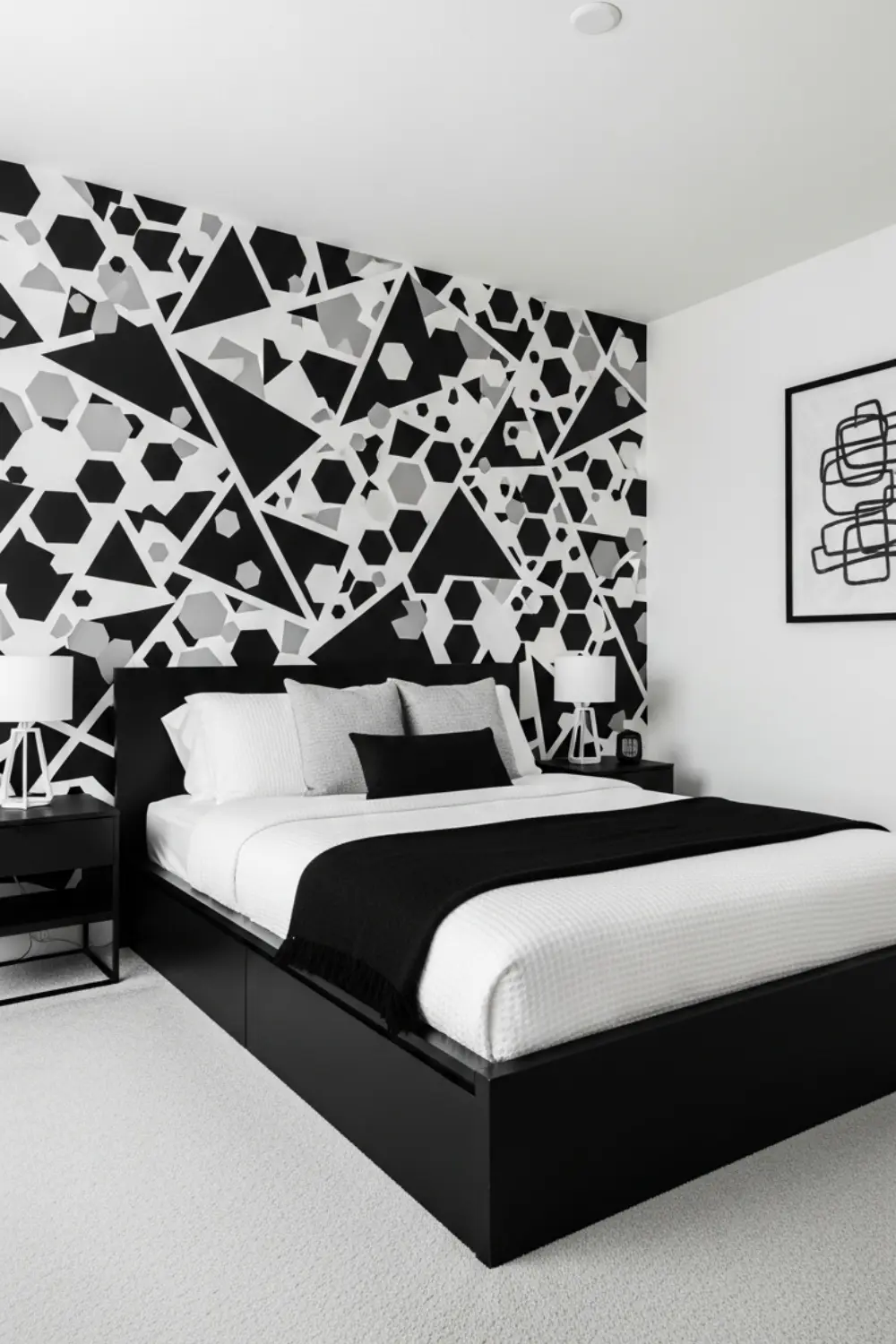 19 Modern Black and White Bedroom Ideas You’ll Love in 2025 9 Geometric Black and White Accent Walls