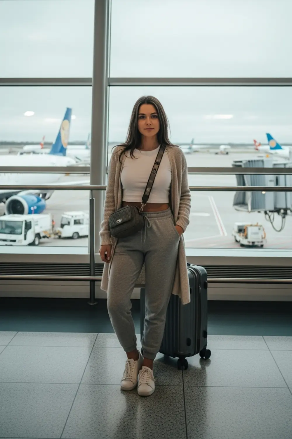 15 Comfy and Cute Airport Outfit Ideas for Your Next Trip 6 Joggers with Crop Top and Cardigan