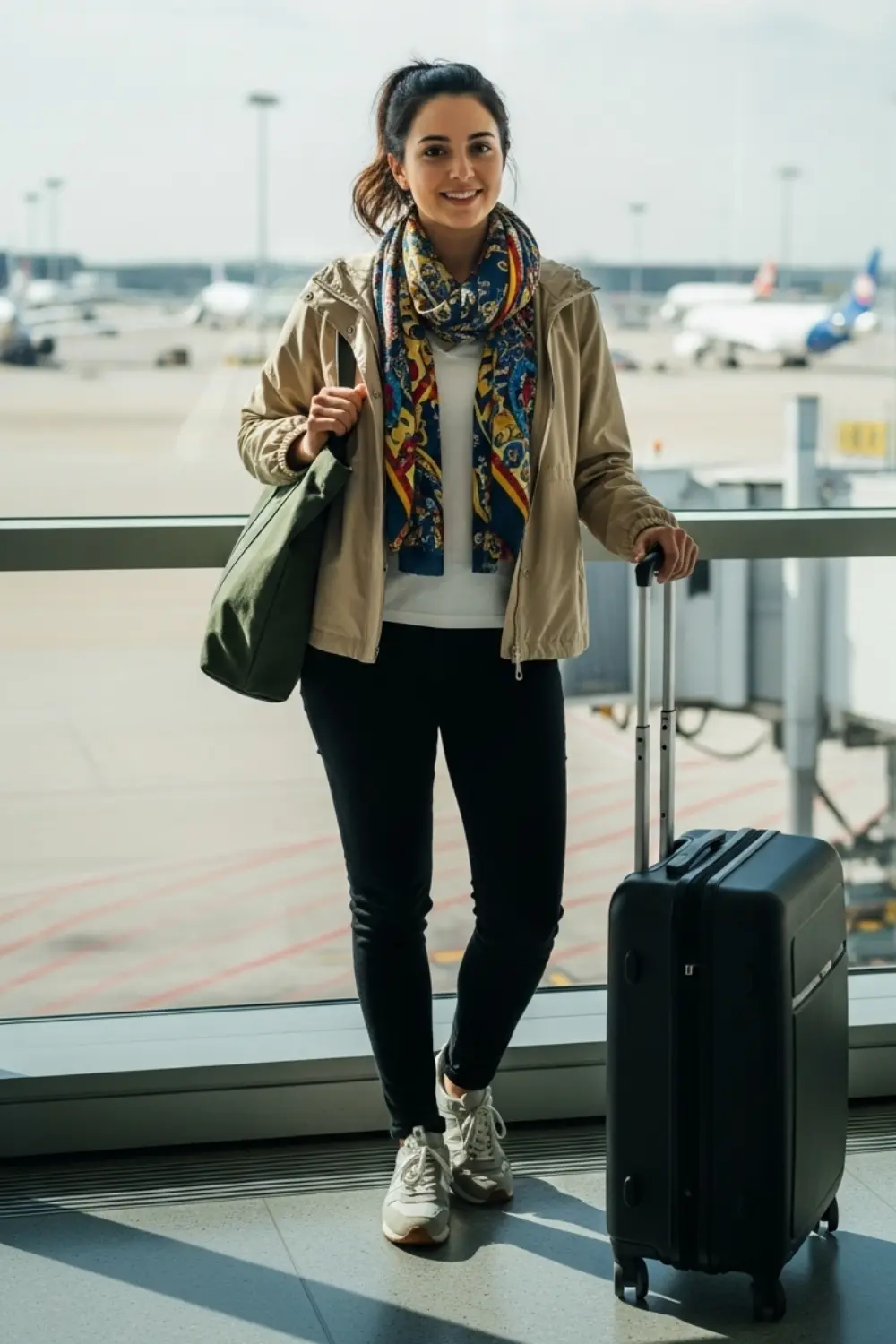 15 Comfy and Cute Airport Outfit Ideas for Your Next Trip 11 Layered Look with Scarf and Jacket