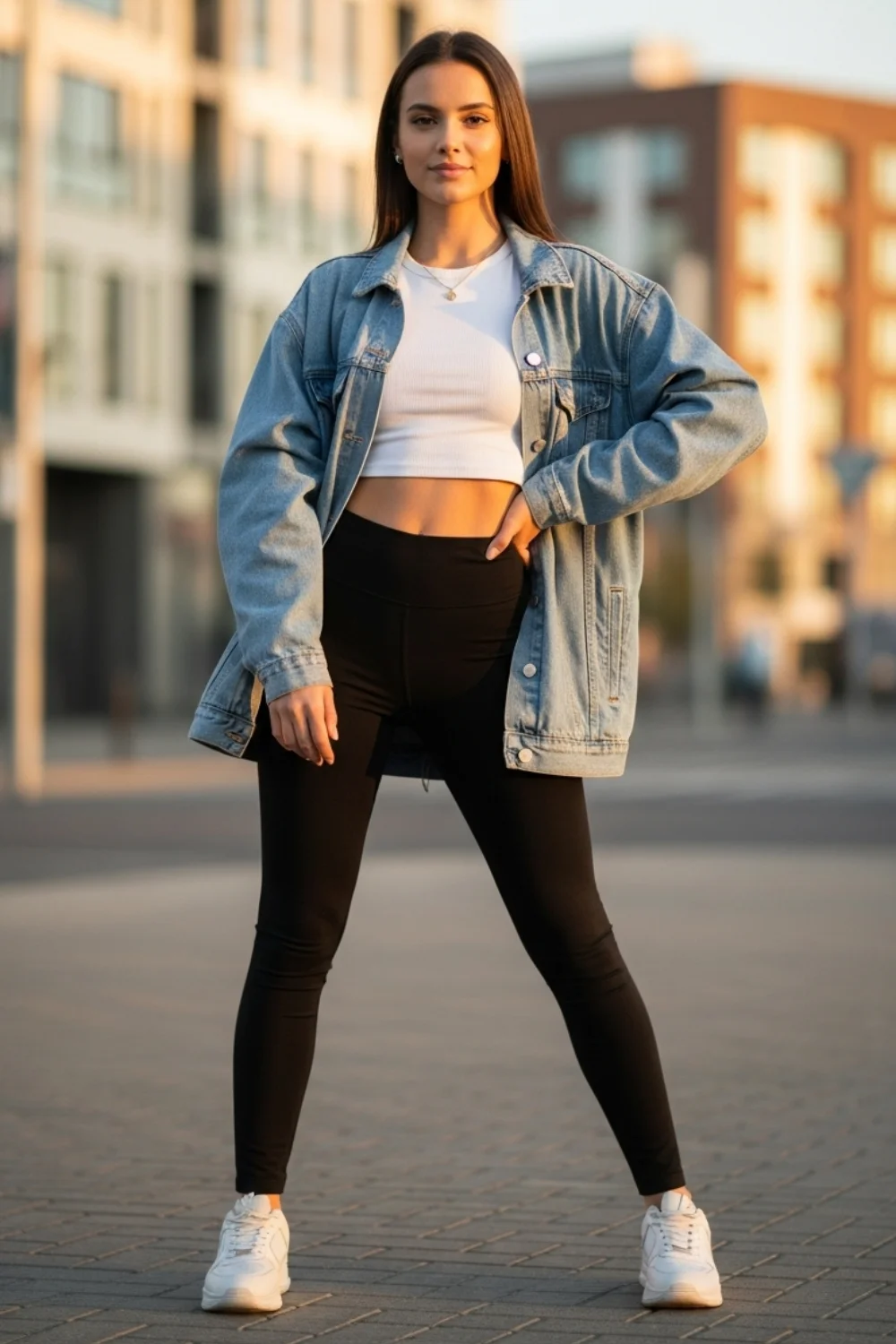 19 Leggings Outfit Ideas to Look Stylish Every Day 3 Leggings with Crop Top and Denim Jacket