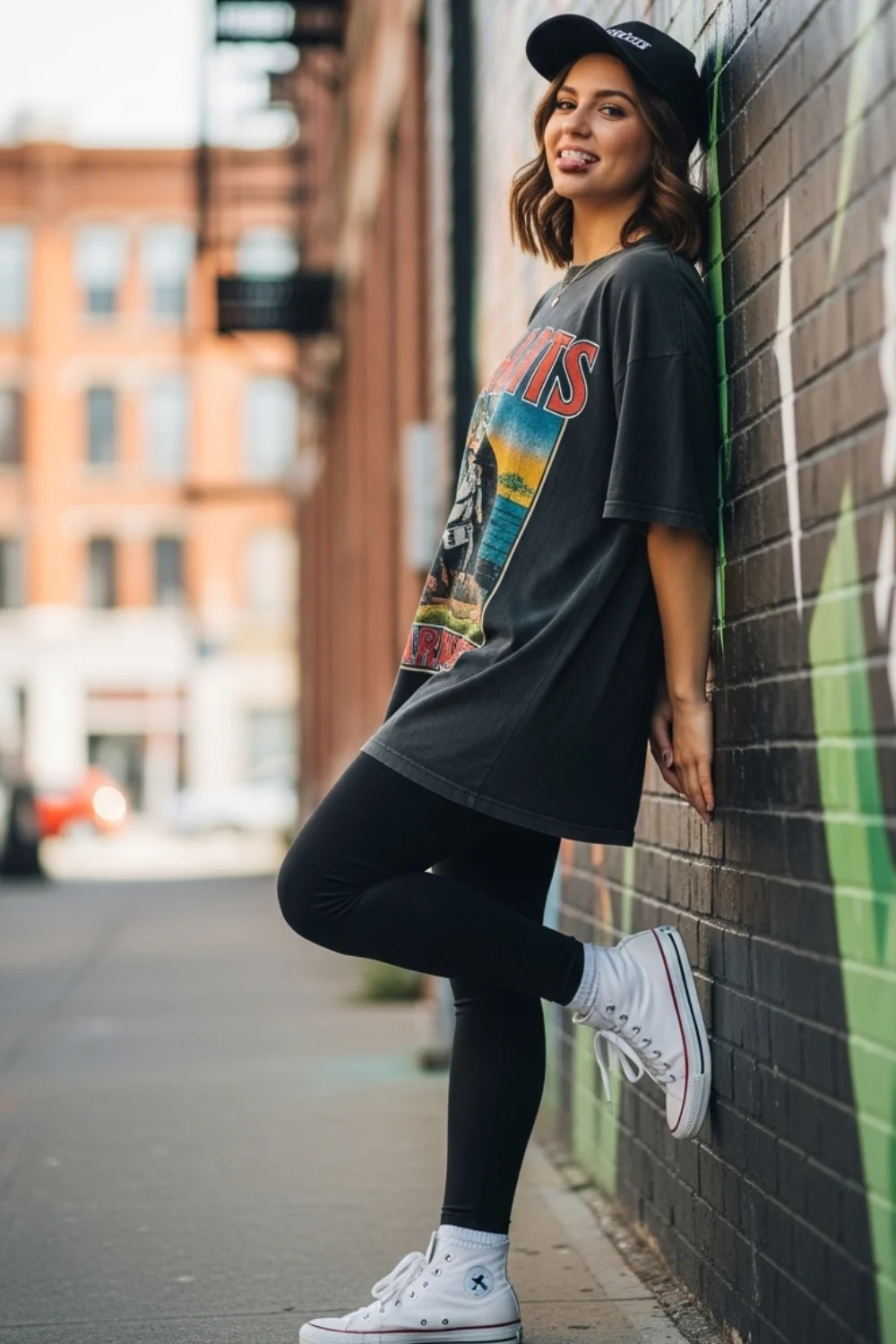 19 Leggings Outfit Ideas to Look Stylish Every Day 6 Leggings with Graphic Tee and Sneakers