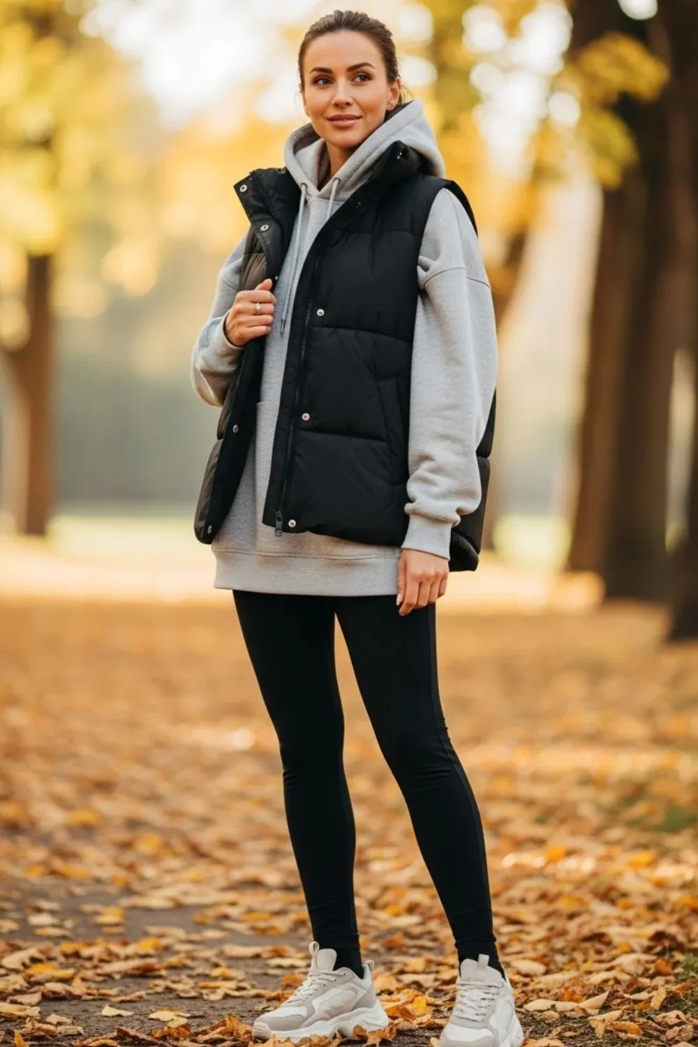 19 Leggings Outfit Ideas to Look Stylish Every Day 7 Leggings with Hoodie and Puffer Vest
