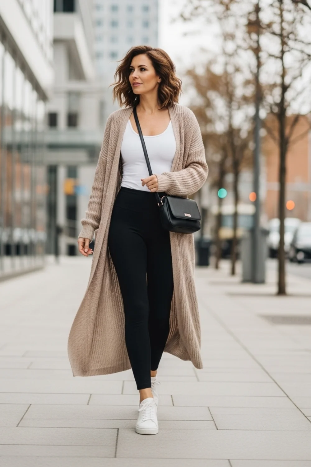 19 Leggings Outfit Ideas to Look Stylish Every Day 4 Leggings with Long Cardigan and Tank Top