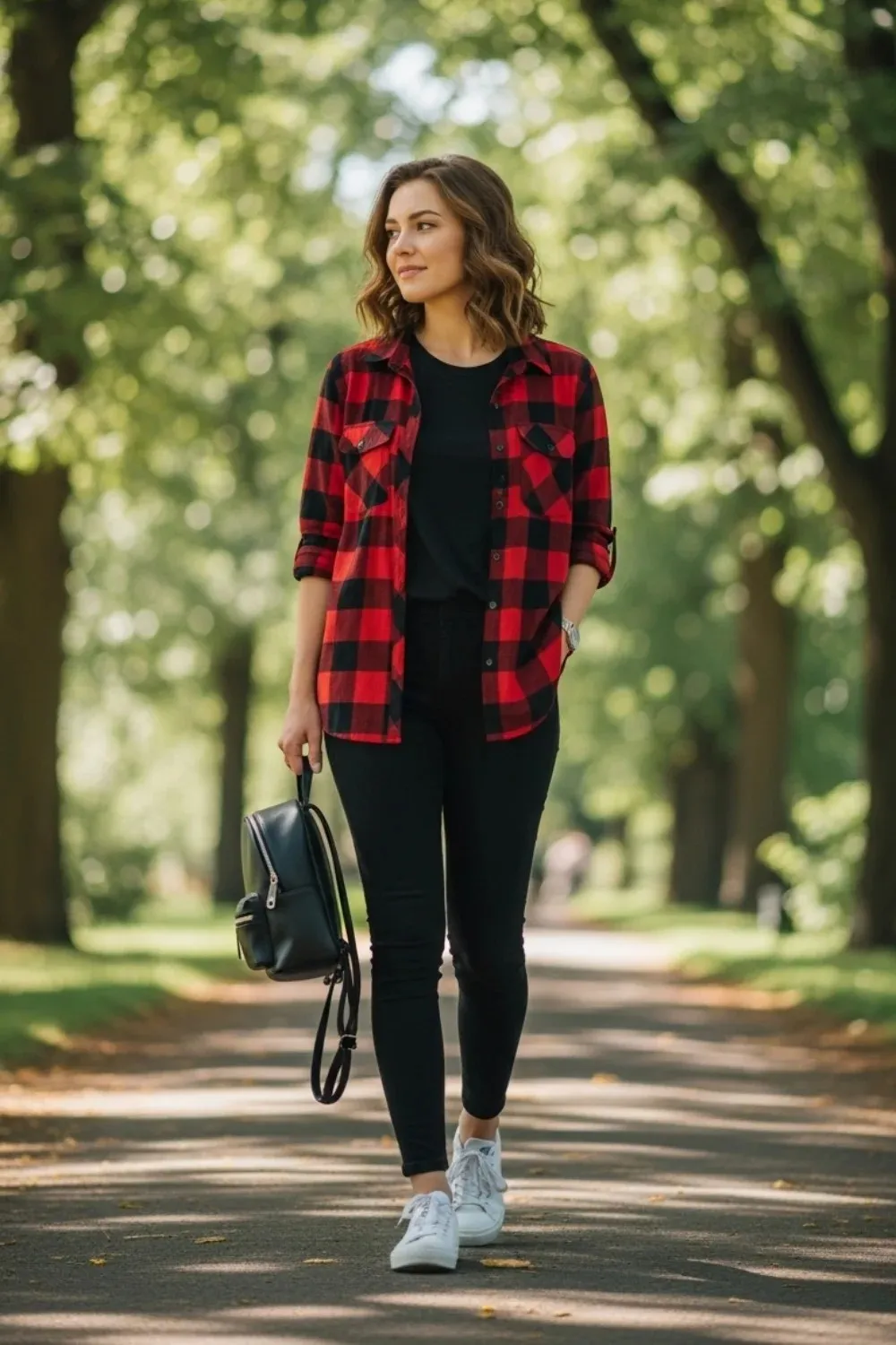19 Leggings Outfit Ideas to Look Stylish Every Day 16 Leggings with Plaid Shirt and White Sneakers