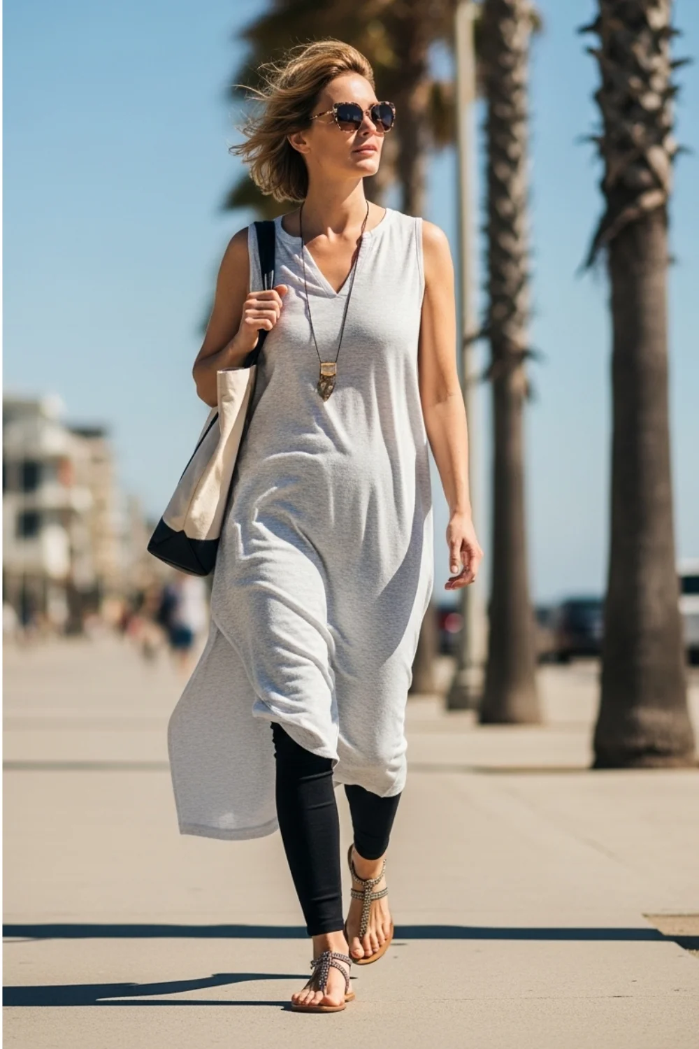 19 Leggings Outfit Ideas to Look Stylish Every Day 17 Leggings with Sleeveless Long Top and Sandals