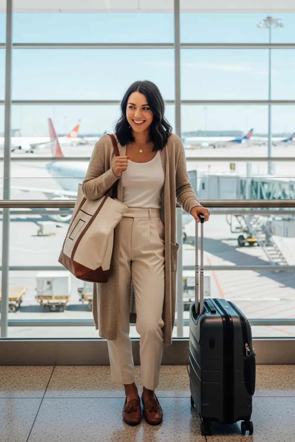 15 Comfy and Cute Airport Outfit Ideas for Your Next Trip 9 Long Cardigan with Tank Top and Pants