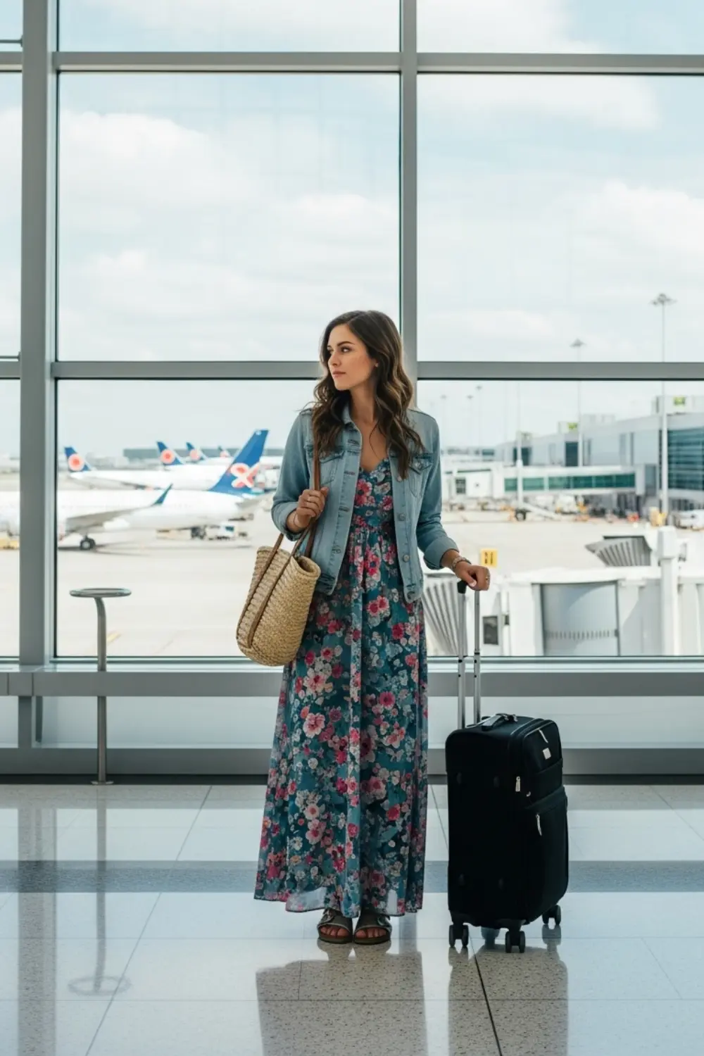 15 Comfy and Cute Airport Outfit Ideas for Your Next Trip 5 Maxi Dress with Denim Jacket