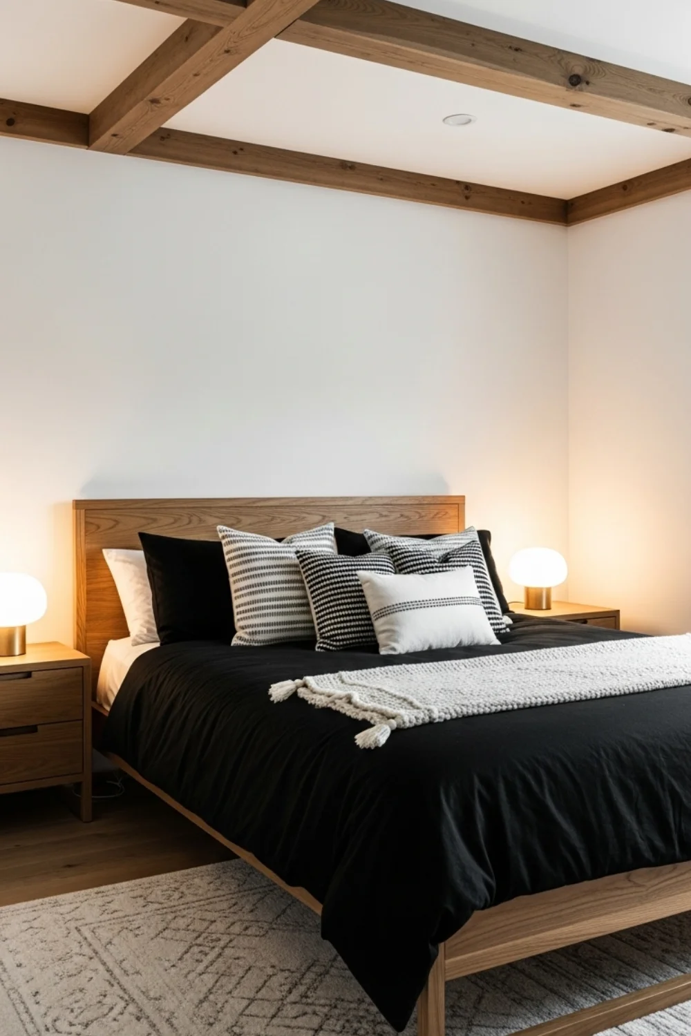 19 Modern Black and White Bedroom Ideas You’ll Love in 2025 17 Monochrome Bedroom with Natural Wood Accents