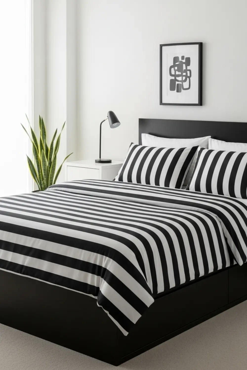 19 Modern Black and White Bedroom Ideas You’ll Love in 2025 8 Monochrome Striped Bedding