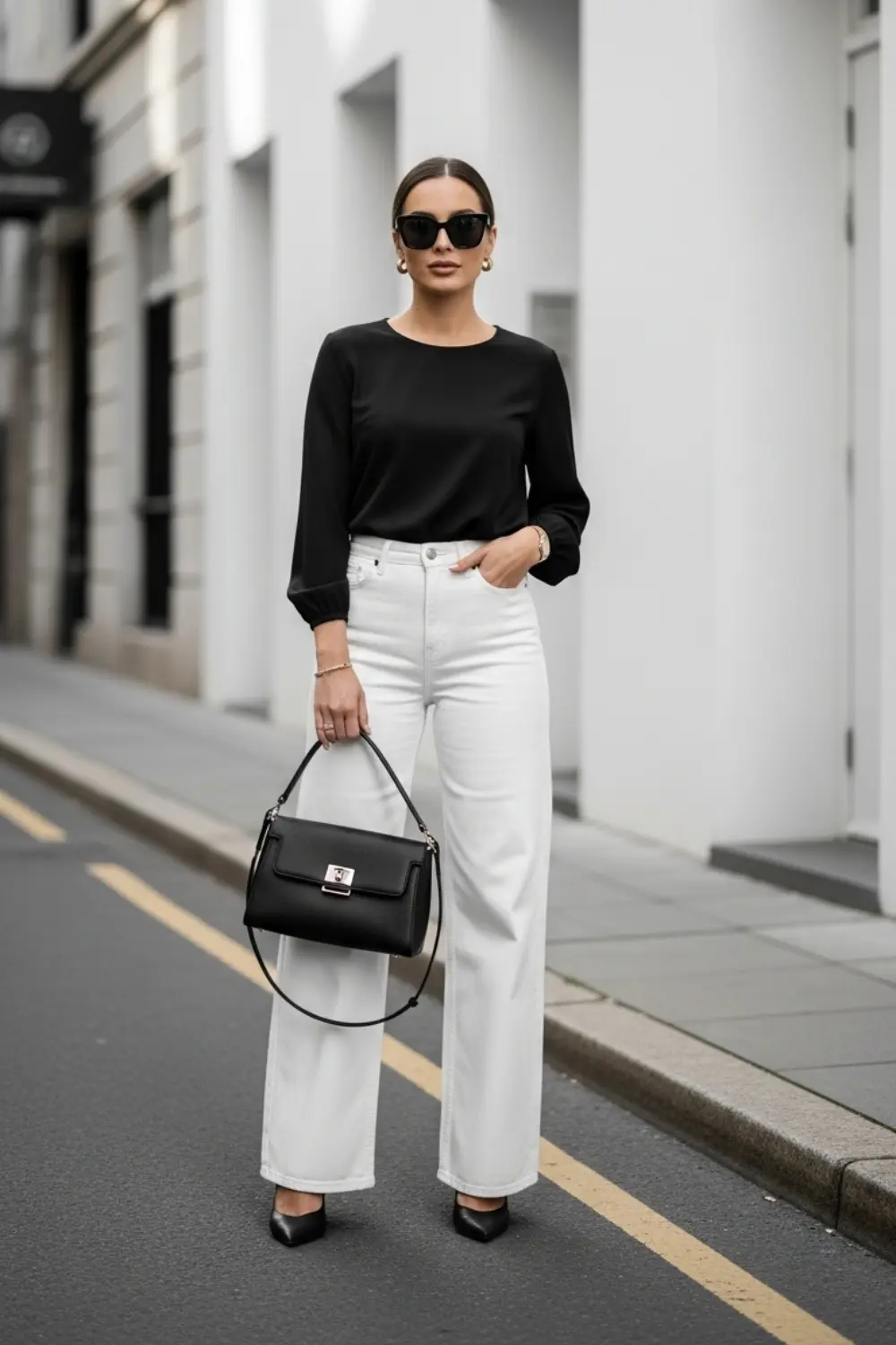 21 Wide Leg Jeans Outfits Ideas to Try This Year (2025) 8 Monochrome Wide Leg Jeans Outfit