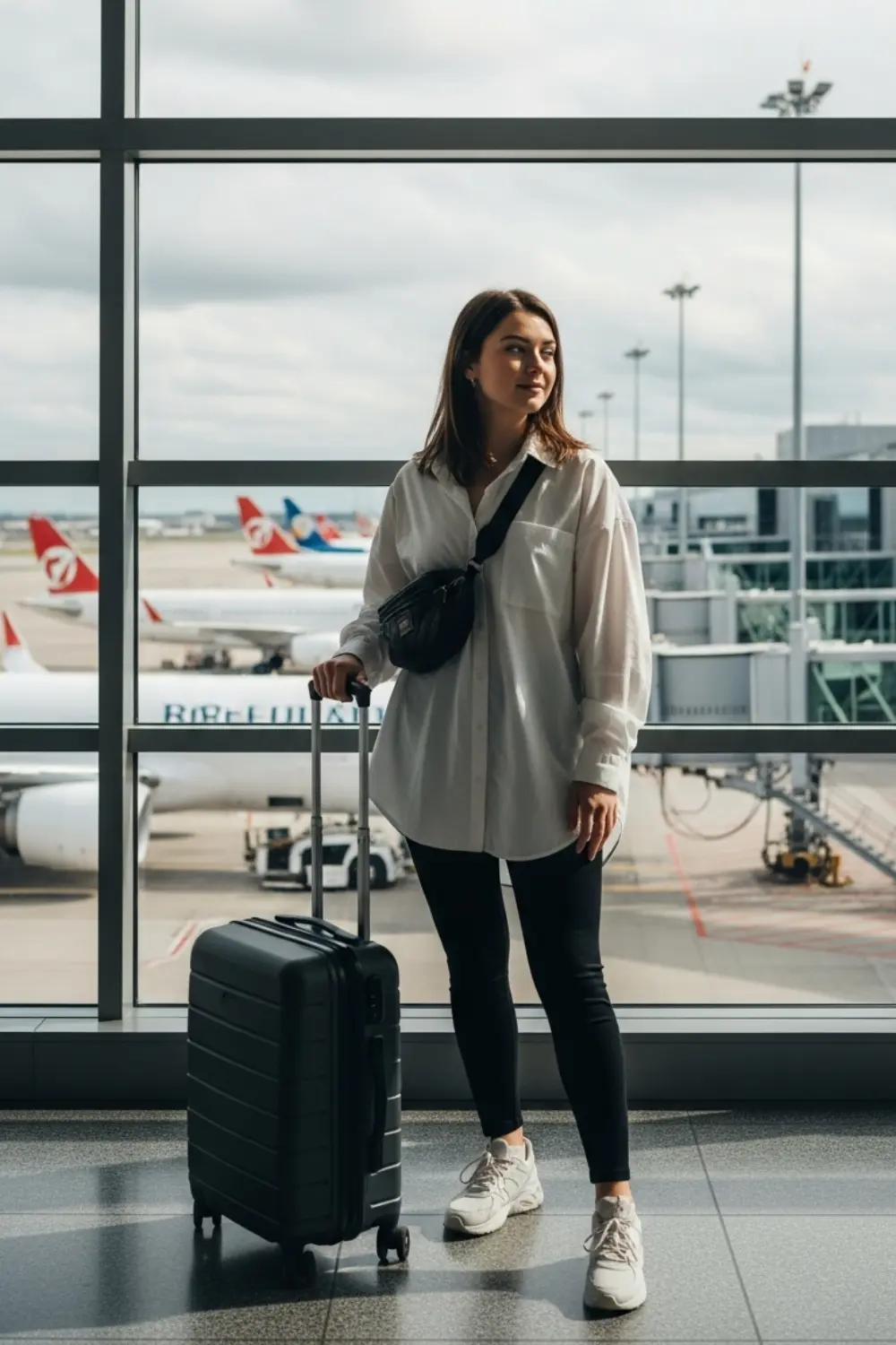 15 Comfy and Cute Airport Outfit Ideas for Your Next Trip 15 Oversized Shirt with Leggings