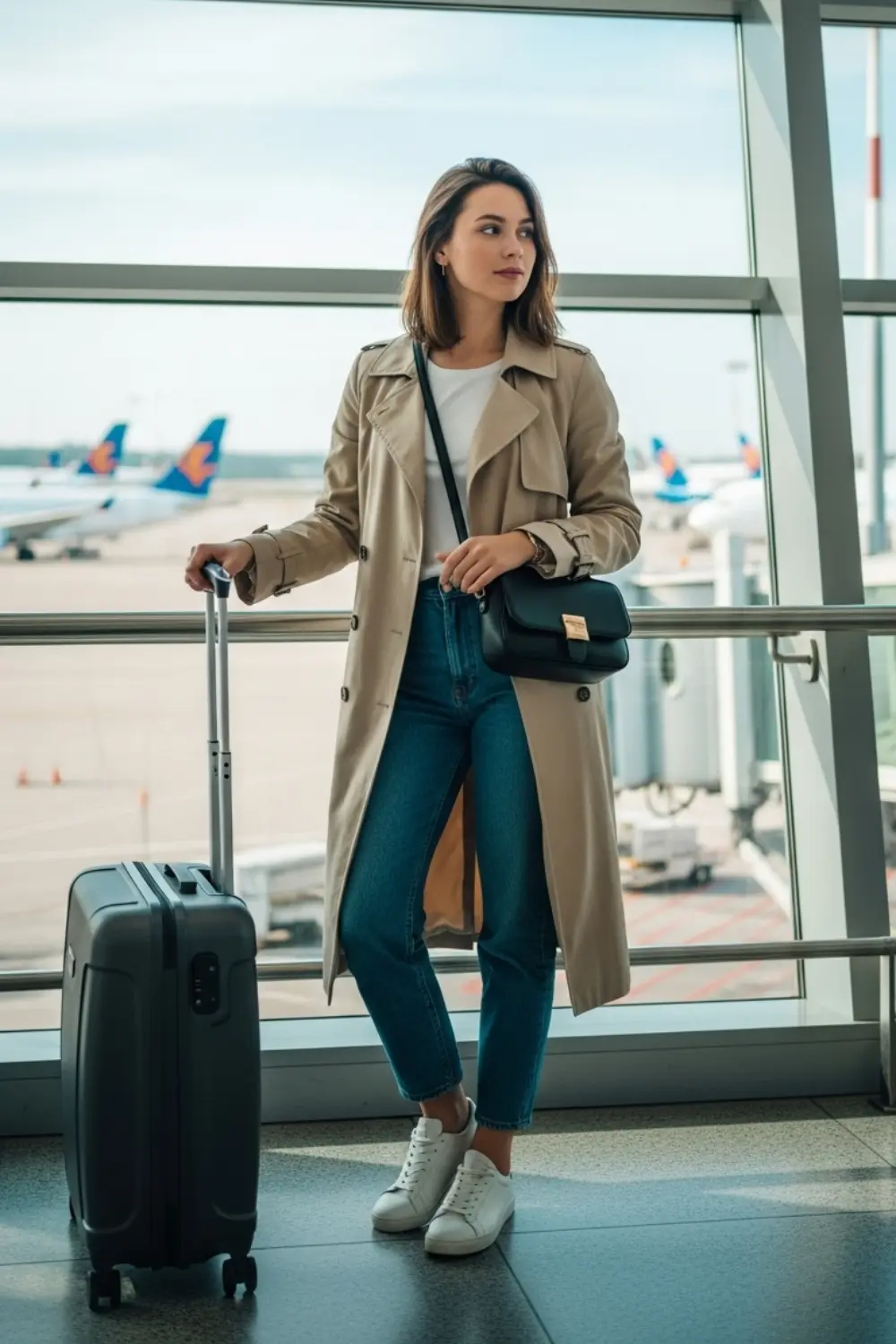 15 Comfy and Cute Airport Outfit Ideas for Your Next Trip 16 Trench Coat with Basic Tee and Jeans