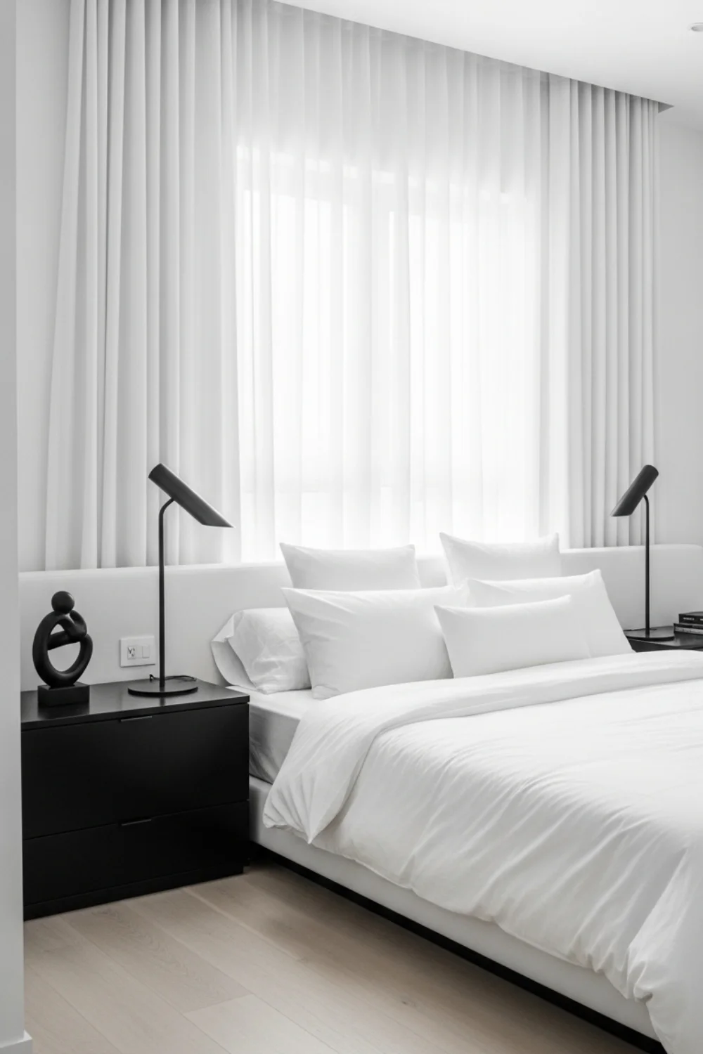 19 Modern Black and White Bedroom Ideas You’ll Love in 2025 11 White Minimalist Bedroom with Black Accents