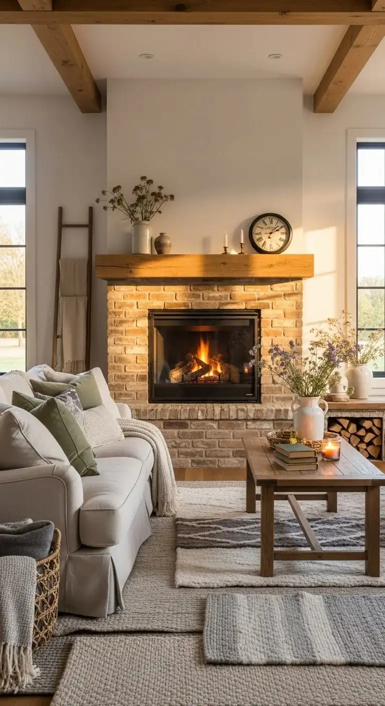 20 Farmhouse Living Room Ideas for 2026 Designers Can’t Stop Talking About! 17 Brick or Stone Fireplace Surrounds