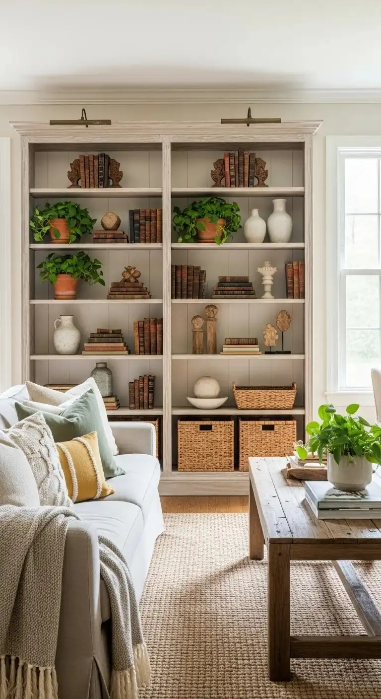 20 Farmhouse Living Room Ideas for 2026 Designers Can’t Stop Talking About! 9 Built-in Shelving for Display and Storage
