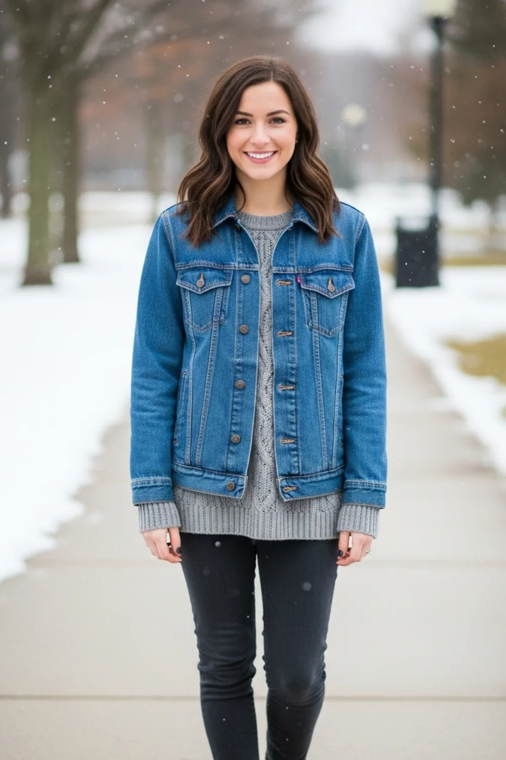 17 Must-Try Cute Winter Outfits Ideas for Cold Weather Fashion 10 Denim Jacket with Sweater Layering