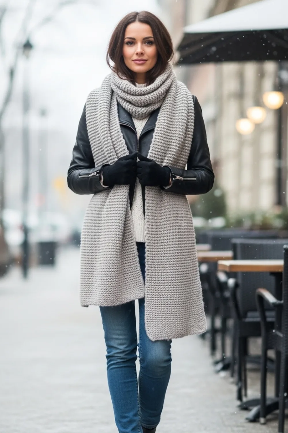 17 Must-Try Cute Winter Outfits Ideas for Cold Weather Fashion 8 Leather Jacket with Knit Scarf