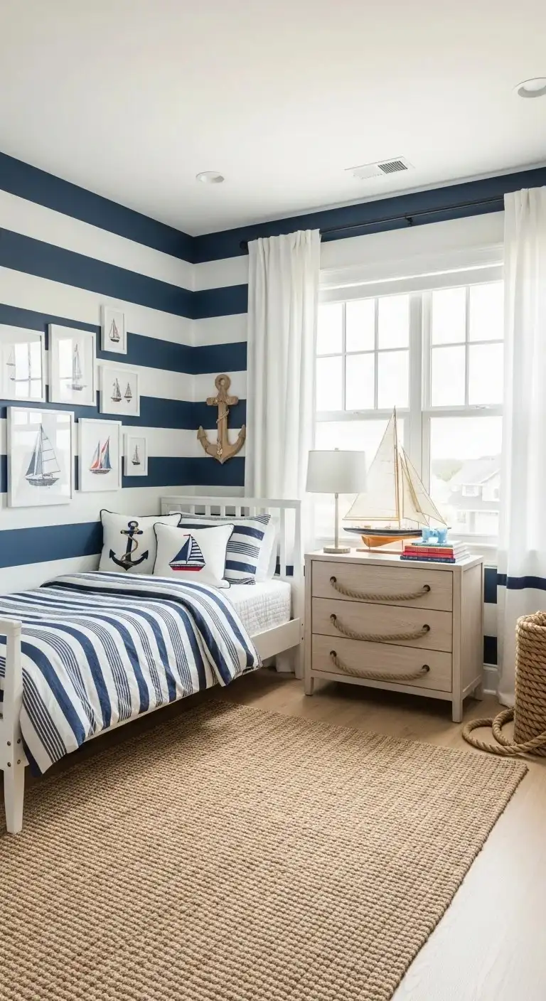 15 Modern Kids Bedroom Ideas 2026 That Fix Messy, Boring Rooms Fast! 8 Nautical Theme with Navy and White Stripes