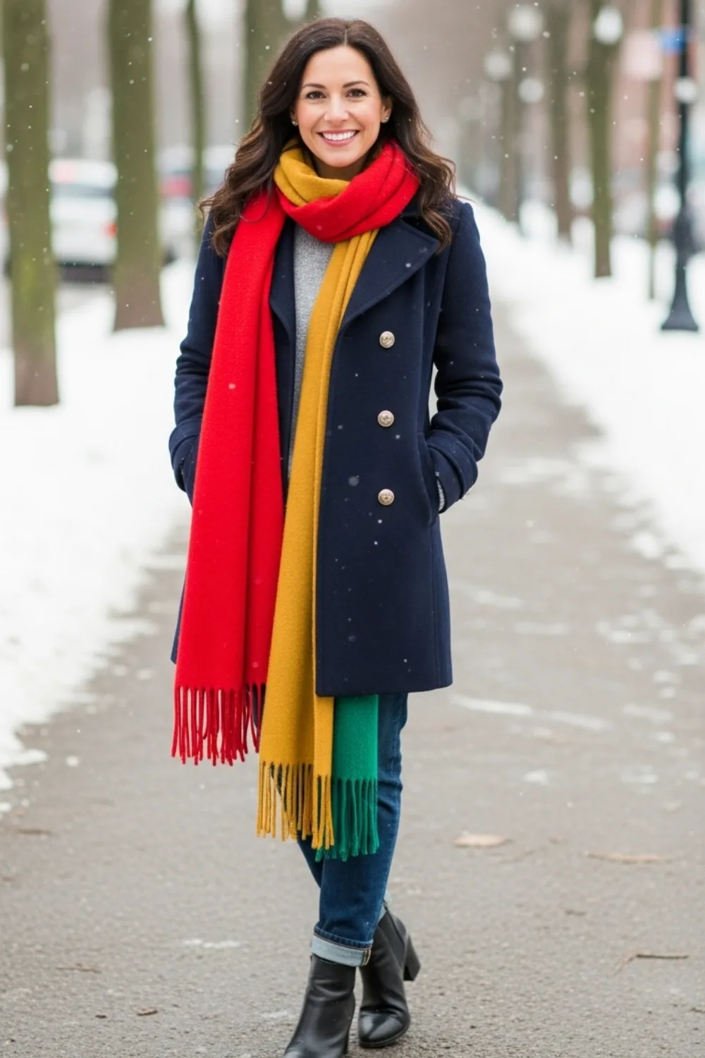 17 Must-Try Cute Winter Outfits Ideas for Cold Weather Fashion 18 Pea Coat with Colored Scarf