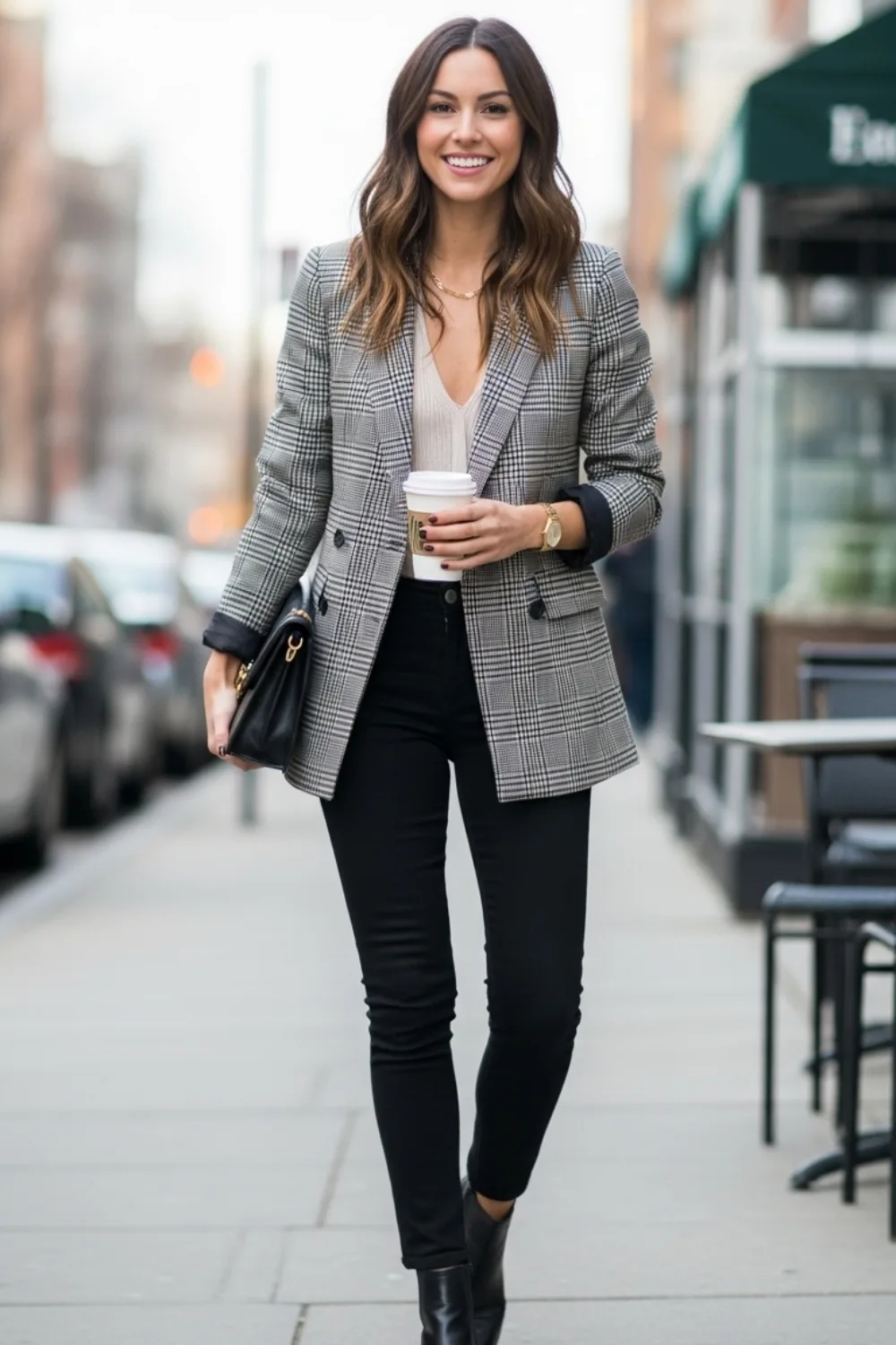 17 Must-Try Cute Winter Outfits Ideas for Cold Weather Fashion 6 Plaid Blazer with Black Jeans