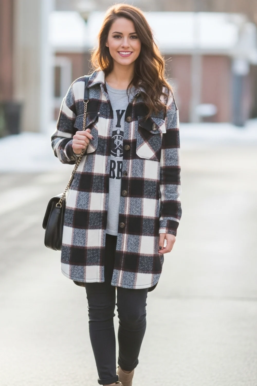 17 Must-Try Cute Winter Outfits Ideas for Cold Weather Fashion 15 Shacket with Graphic Tee