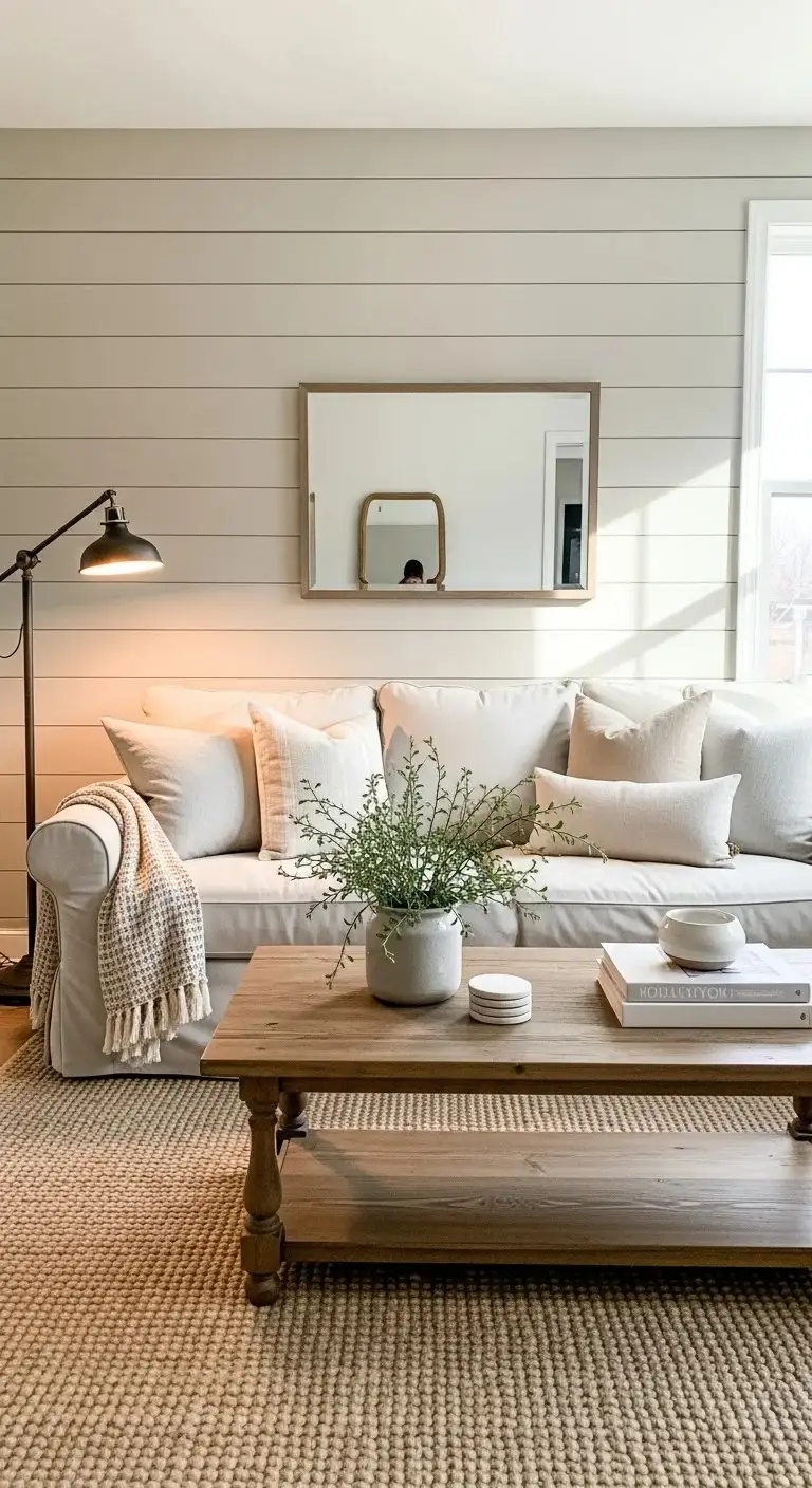 20 Farmhouse Living Room Ideas for 2026 Designers Can’t Stop Talking About! 2 Shiplap Accent Walls for Classic Texture