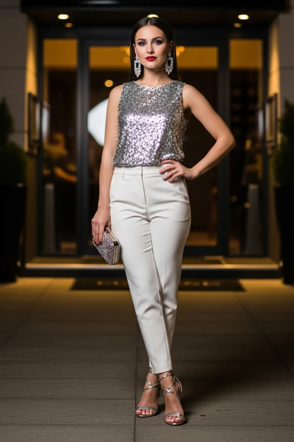 17 White Pants Outfit Ideas for Every Season and Style 18 White Pants with a Sparkly Top for Evening Glam