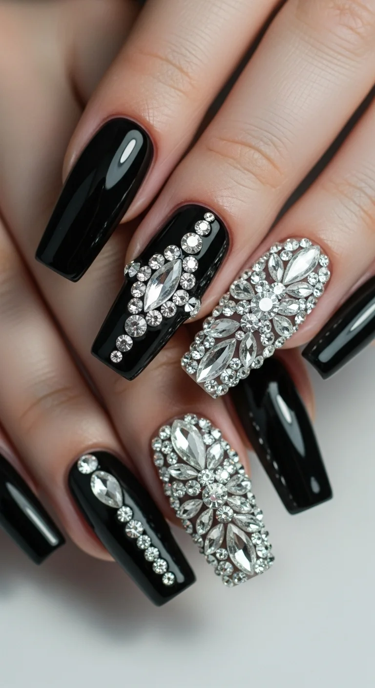Tired of Same Old Nails? Discover 20+ Nail Art for Long Nails That Stand Out 11 Black Rhinestone Drama