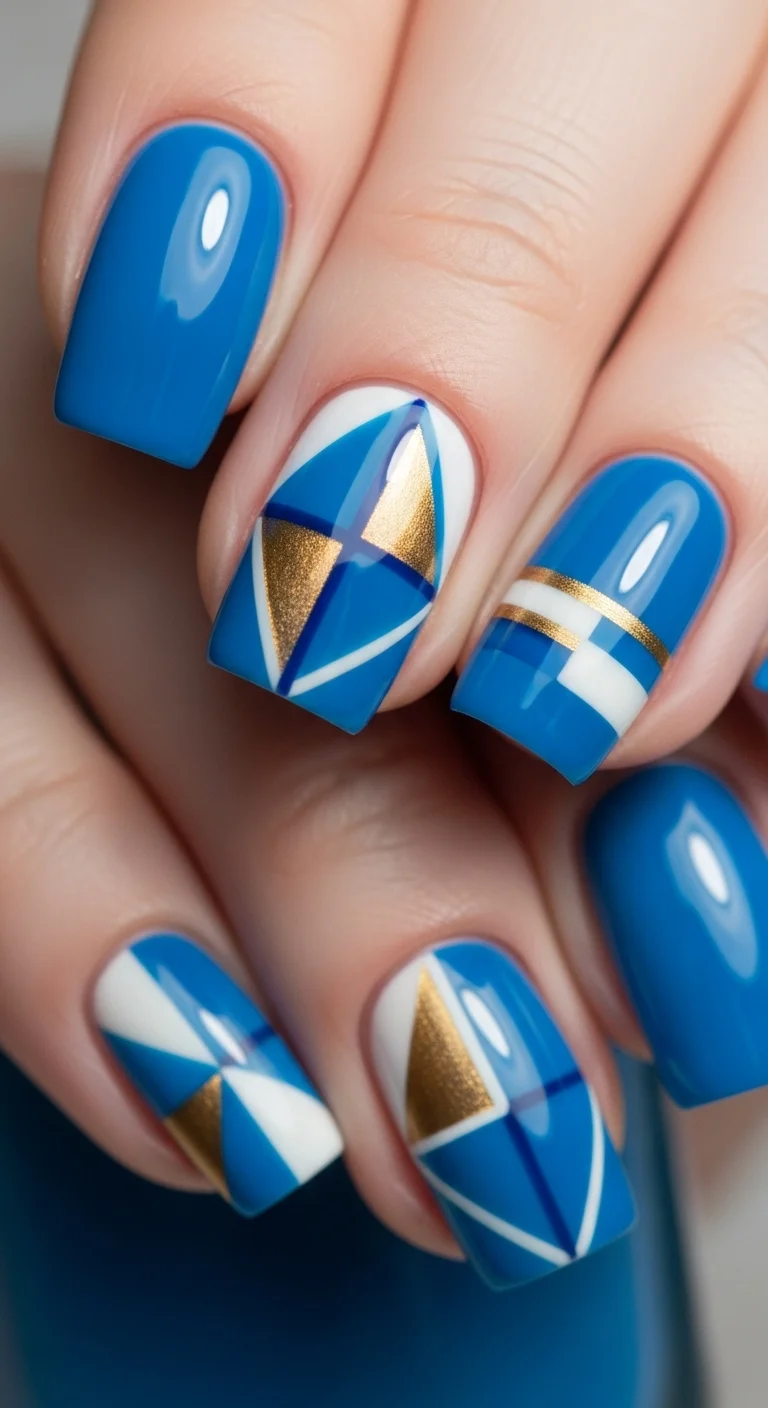 18 Blue Nails Ideas That Somehow Look Different Every Time 15 Cerulean Blue with Geometric Patterns