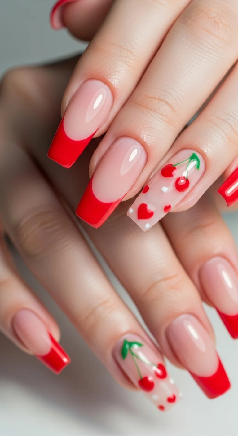Tired of Same Old Nails? Discover 20+ Nail Art for Long Nails That Stand Out 12 Cherry-Tipped French Manicure