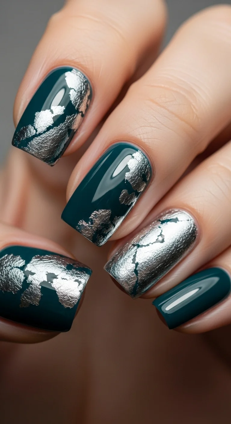 18 Blue Nails Ideas That Somehow Look Different Every Time 7 Dark Teal with Silver Foil