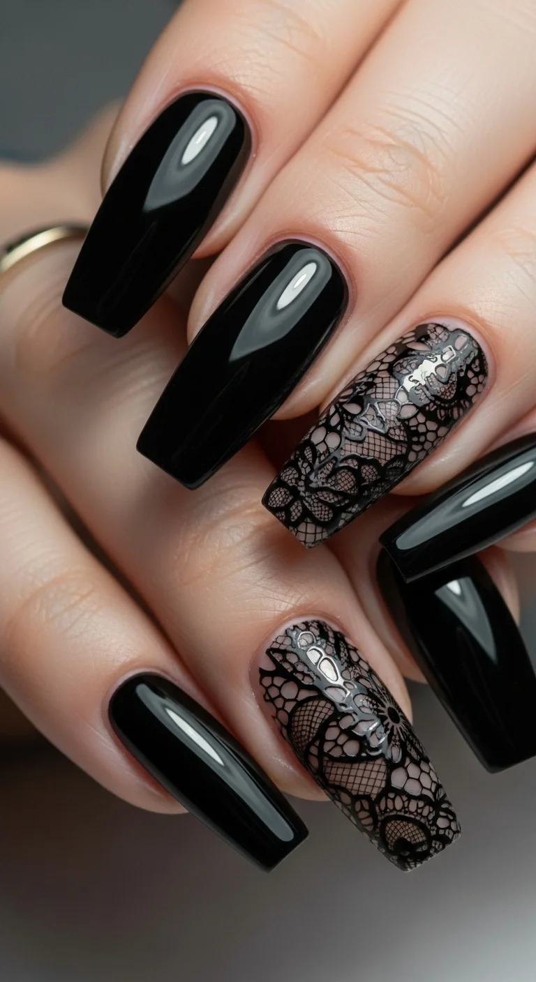 Tired of Same Old Nails? Discover 20+ Nail Art for Long Nails That Stand Out 20 Gothic Black Lace
