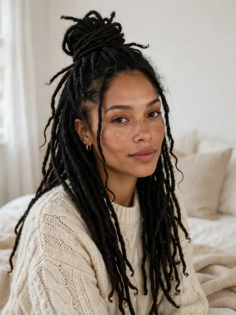 15 Locs Hairstyles for Women ideas, Sorted by Where You Are in the Journey 10 Half Up Top Knot 768x1024 1