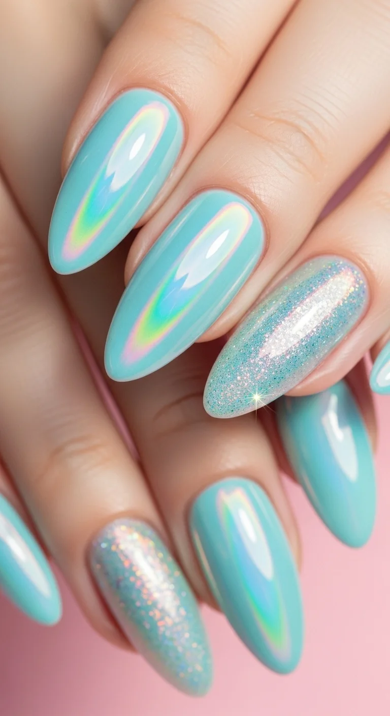 18 Blue Nails Ideas That Somehow Look Different Every Time 16 Ice Blue with Holographic Finish