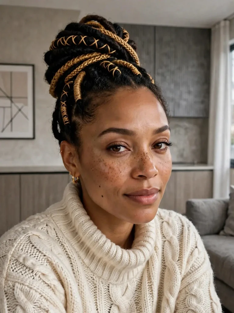 15 Locs Hairstyles for Women ideas, Sorted by Where You Are in the Journey 15 Loc Updo with Woven Accent Pieces 768x1024 1