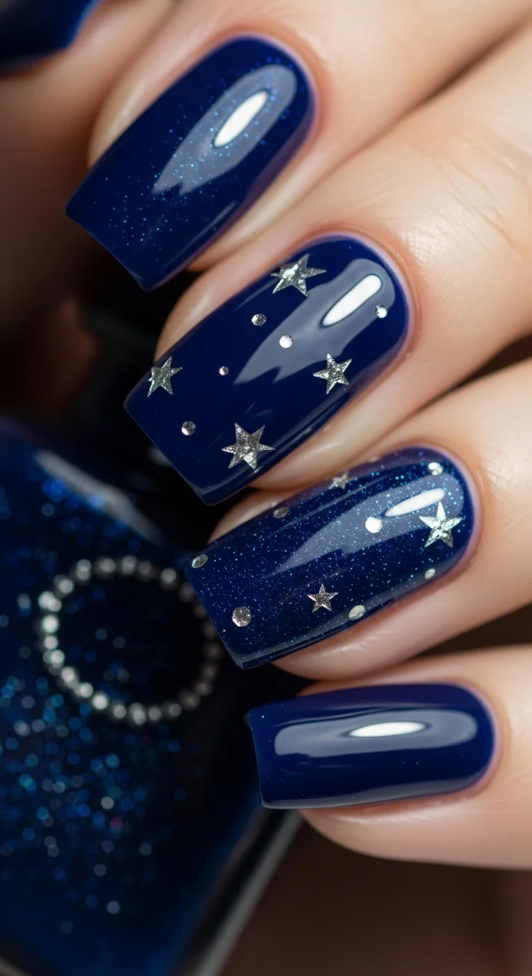 18 Blue Nails Ideas That Somehow Look Different Every Time 10 Midnight Blue with Star Accents