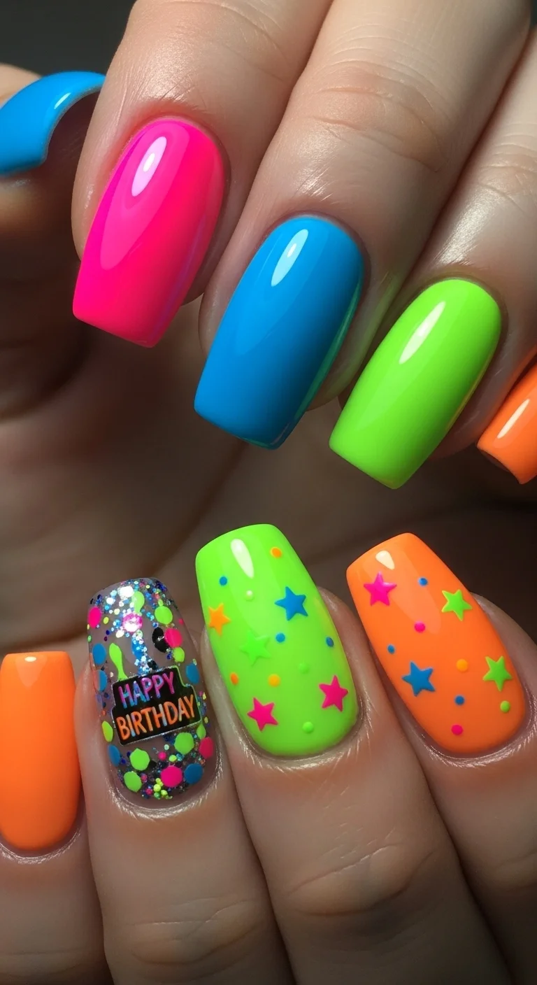19 Birthday Nails Ideas That Feel Personal, Not Overdone 15 Neon Birthday Brights