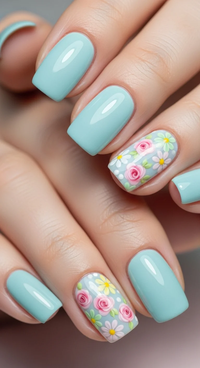 18 Blue Nails Ideas That Somehow Look Different Every Time 9 Pastel Blue with Floral Designs