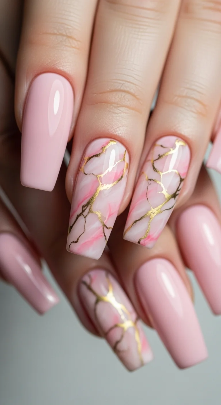 Tired of Same Old Nails? Discover 20+ Nail Art for Long Nails That Stand Out 10 Pink and Gold Marble Veins
