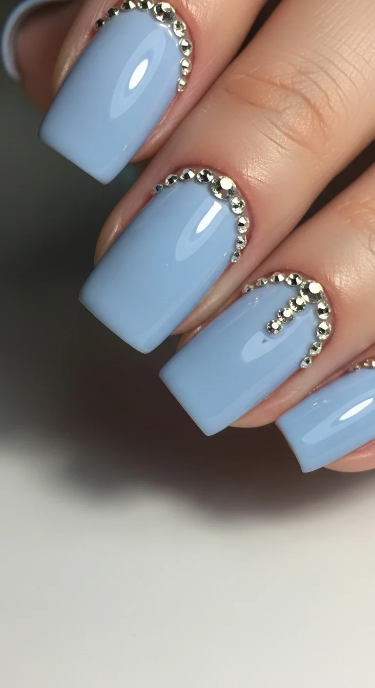 18 Blue Nails Ideas That Somehow Look Different Every Time 12 Powder Blue with Rhinestones