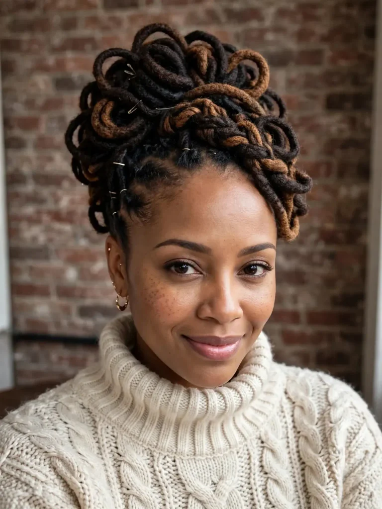 15 Locs Hairstyles for Women ideas, Sorted by Where You Are in the Journey 12 The Full Updo with Pinned Sections 768x1024 1