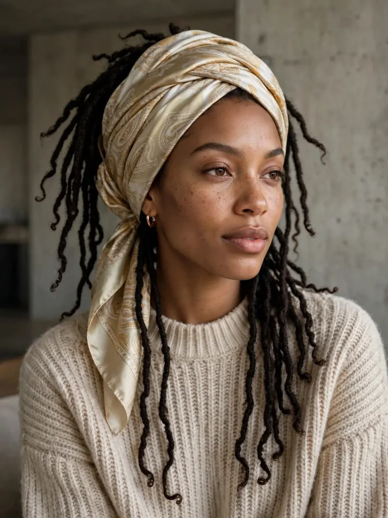 15 Locs Hairstyles for Women ideas, Sorted by Where You Are in the Journey 7 Wrapped in a Silk Scarf Loose Ends Out 768x1024 1